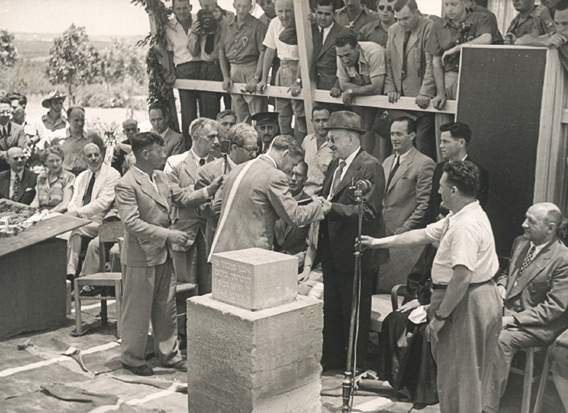 Laying the cornerstone for the Weizmann Institute of Science. In the center: Dr. Chaim Weizmann