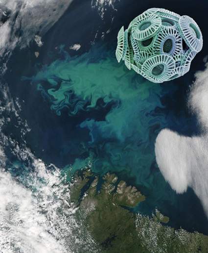  Scanning electron microscope image of Emiliania huxleyi superimposed on a MODIS satellite image of an E. huxleyi bloom in the Barents Sea from 27 July 2004. Satellite image courtesy of Jacques Descloitres, MODIS Land Rapid Response Team, NASA; Inset SEM photo by Steve Gschmeissner, Photo Researchers, Inc.