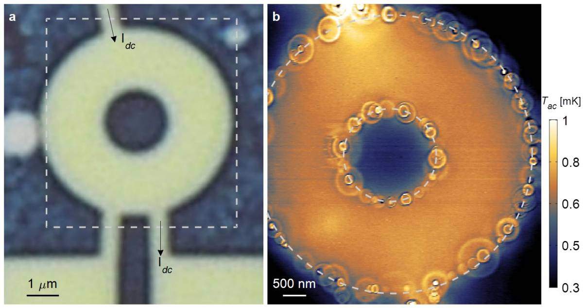 Detecting heat transfer in a pristine graphene sample with the new nano-thermometer. Left: Optical image of graphene sample. Right: The thermal image reveals a necklace of rings as a signature for a unique heat transfer process in the sample.