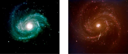 Before and after images of the Messier 100 Galaxy reveal the appearance of SN 2006X, one of the supernovae used in the study. Photos: European Southern Observatory (ESO)