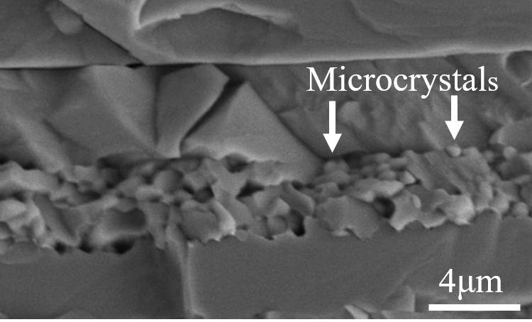 Microcrystals formed by self-healing repaired a completely destroyed region inside a halide perovskite crystal