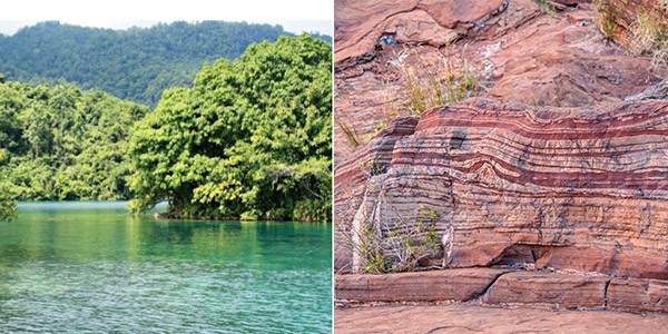 In Lake Matano, Indonesia, (l) low oxygen and high iron concentrations enable the formation of green rust; this may have been the original source of the banded iron formations (r) that are a major source of iron ore today > 