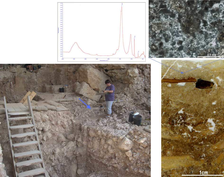 Upper left: Infrared spectrum of the grey sediments, right, showing that the dominant material is calcite, the mineral of which the wood ash is composed. Lower left: Photograph of the cave during excavation; arrow pointing to the hearth. Upper right: micro-morphological image of the grey sediment showing dark grey particles and patches corresponding to the remains of wood ash. Lower right: Scan of a micro-morphological, thin section showing the layered burnt bones (yellow, brown and black fragments), intermixed with grey sediments