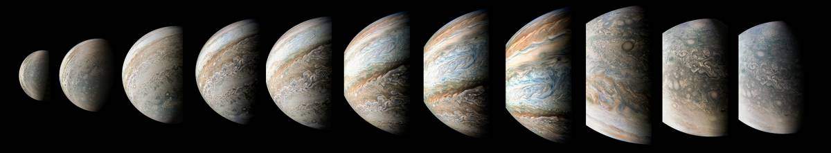 Around Jupiter in 95 minutes: Images from Juno during an orbit, from the North Pole (left) to the South Pole (right) Credit: NASA/JPL-Caltech/SwRI/MSSS/Kevin M. Gill