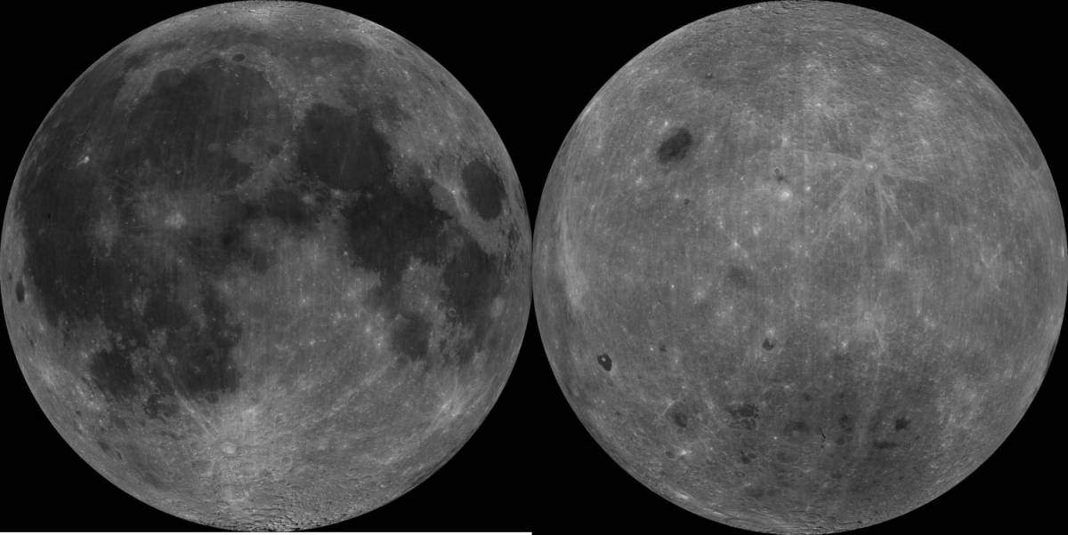 The lunar nearside (left) is a contrast between dark (craters) and light (mountains) surfaces that has been fancied as the Man in the Moon. Lunar terrain types are still designated by their 17th century name maria and terra (brighter features also known as uplands or highlands; right). Images by NASA.