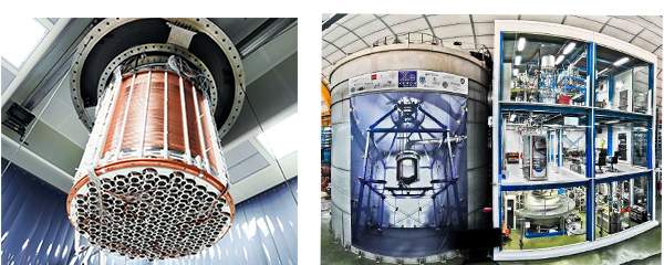 left: detail of the WIMP detector; right: underground in the XENON1T lab