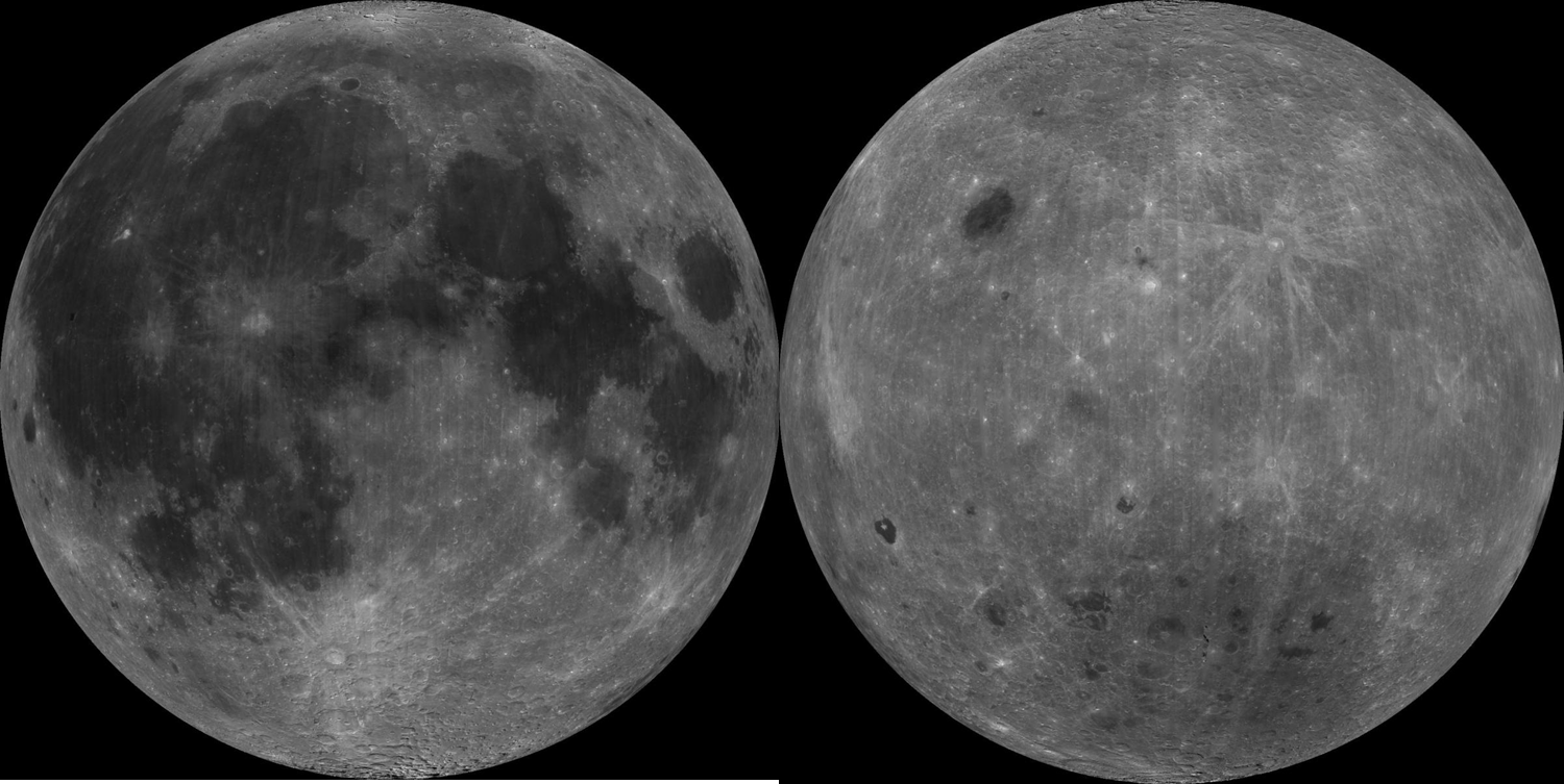 The lunar nearside (left) is a contrast between dark (craters) and light (mountains) surfaces that has been fancied as the Man in the Moon. Lunar terrain types are still designated by their 17th century name maria and terra (brighter features also known as uplands or highlands; right). Images by NASA.