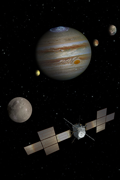 Illustration showing the unmanned spacecraft JUICE in the vicinity of Jupiter (center). On the right: the moons Callisto and Europa; on the left: Ganymede and Io (yellow), Jupiter’s volcanically active moon that is not included in the mission’s core program (Courtesy of the ESA)