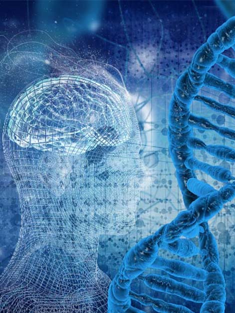 Abstract image of DNA and human brain in blue tones