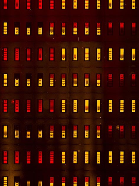 A fluorescent microscope image of the biochip with its numerous minuscule compartments, each presenting a different antigen – making it possible to simultaneously test the interactions of all these antigens with a human antibody
