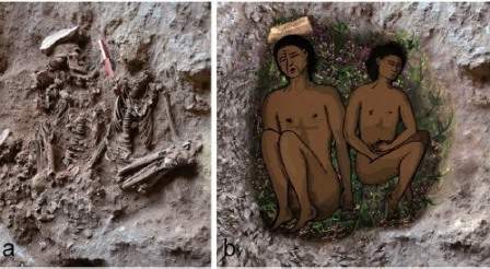 (left) Field photograph of two skeletons (adult on left, adolescent on right) during excavation. Photo: E. Gerstein, Haifa University (right) Reconstruction of the double burial at the time of inhumation. The bright veneer inside the grave on the right is partially covered by green plants