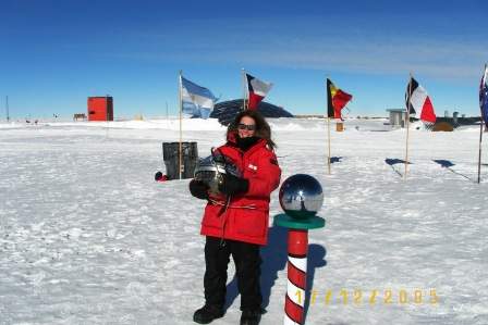 Dr. Hagar Landsman at the geographical South Pole