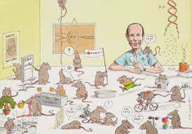 Prof. Yoram Groner in his lab, as seen by cartoonist Michel Kishka