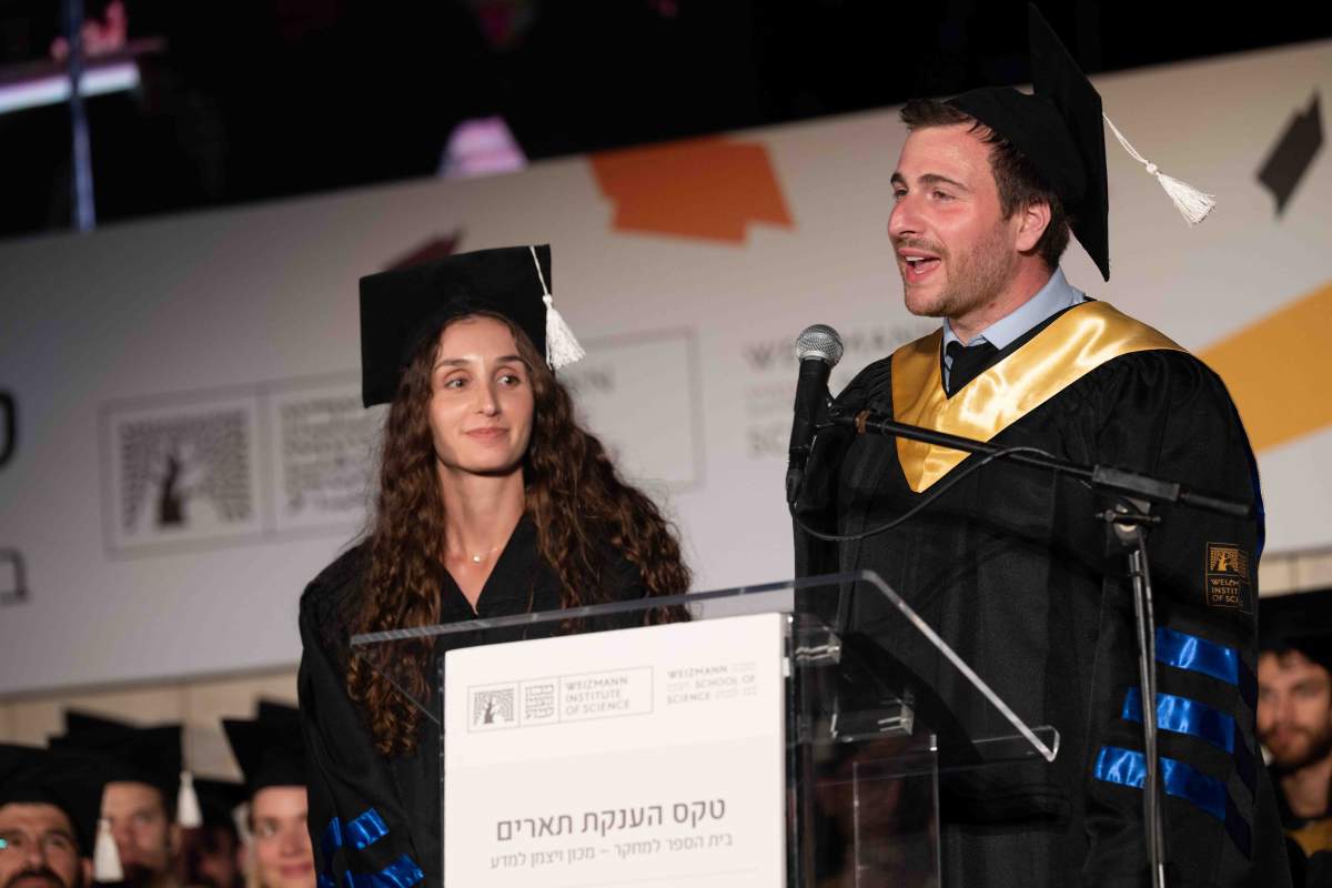 Mazal Faraj and Dr. Aaron Liberman, speaking on behalf of the graduates