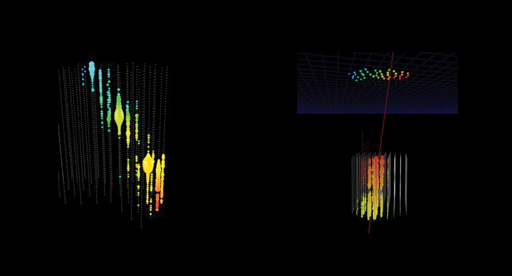 Neutrino detection: on the left, of a cosmic particle that has passed through the atmosphere, while that recorded on the right was produced in the atmosphere and passed through the Earth