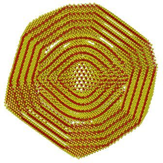 An intermediate molybdenum disulfide nanoparticle has an octahedral center and a spherical outer shape