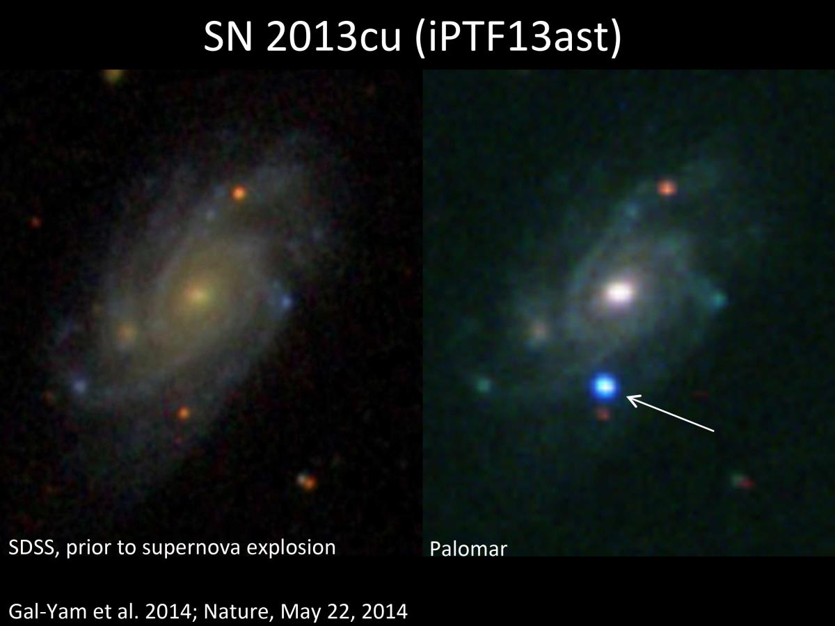 UGC 9379 galaxy imaged in the Sloan digital sky survey before the supernova explosion (left) and by the Palomar Observatory robotic telescope and by the Palomar Observatory robotic telescope afterward (right)