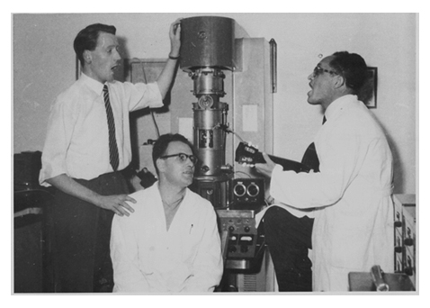  The first electron microscope (Saul, RCA – EMU - 2A). (l-r) John Fany, Prof. David Danon and Dr. Yehuda Marikovsky, 1956
