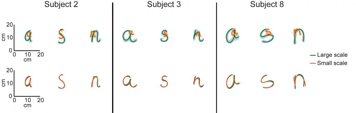 Top: Movement traces from single trials of three representative subjects. Orange and blue are small and large letters, respectively. Bottom: Mean movement traces after performing the Procrustes transformation (small mean is scaled to the size of the large mean) revealing a similarity in the path shape across scales