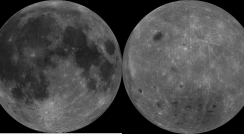 The lunar nearside (left) is a contrast between dark (craters) and light (mountains) surfaces that has been fancied as the Man in the Moon. Lunar terrain types are still designated by their 17th century name maria and terra (brighter features also known as uplands or highlands; right). Images by NASA.