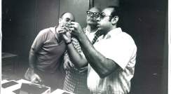 William Levine (center), a prominent American diamond merchant, inspecting gemprints during his visit to the Weizmann Institute in 1974, with Prof. Shmuel Shtrikman (left) and Dr. Charles Bar-Isaac (right)