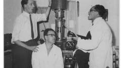  The first electron microscope (Saul, RCA – EMU - 2A). (l-r) John Fany, Prof. David Danon and Dr. Yehuda Marikovsky, 1956