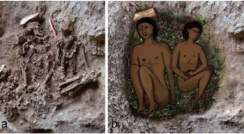 (left) Field photograph of two skeletons (adult on left, adolescent on right) during excavation. Photo: E. Gerstein, Haifa University (right) Reconstruction of the double burial at the time of inhumation. The bright veneer inside the grave on the right is partially covered by green plants