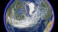 Google Earth map displaying storm tracks in the North Atlantic region