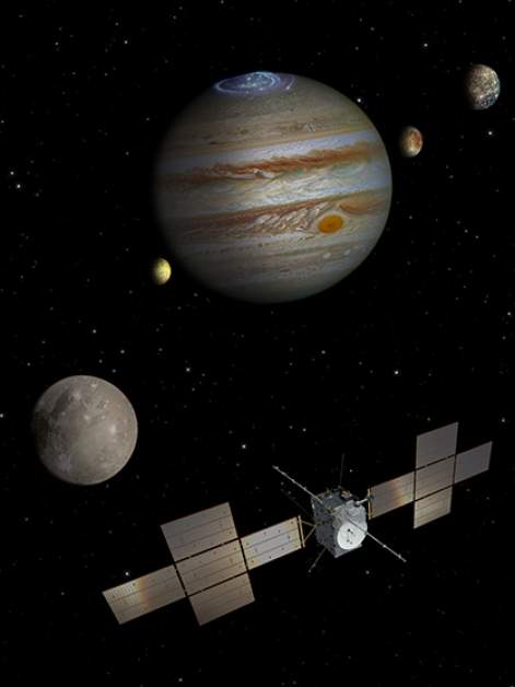 Illustration showing the unmanned spacecraft JUICE in the vicinity of Jupiter (center). On the right: the moons Callisto and Europa; on the left: Ganymede and Io (yellow), Jupiter’s volcanically active moon that is not included in the mission’s core program (Courtesy of the ESA)