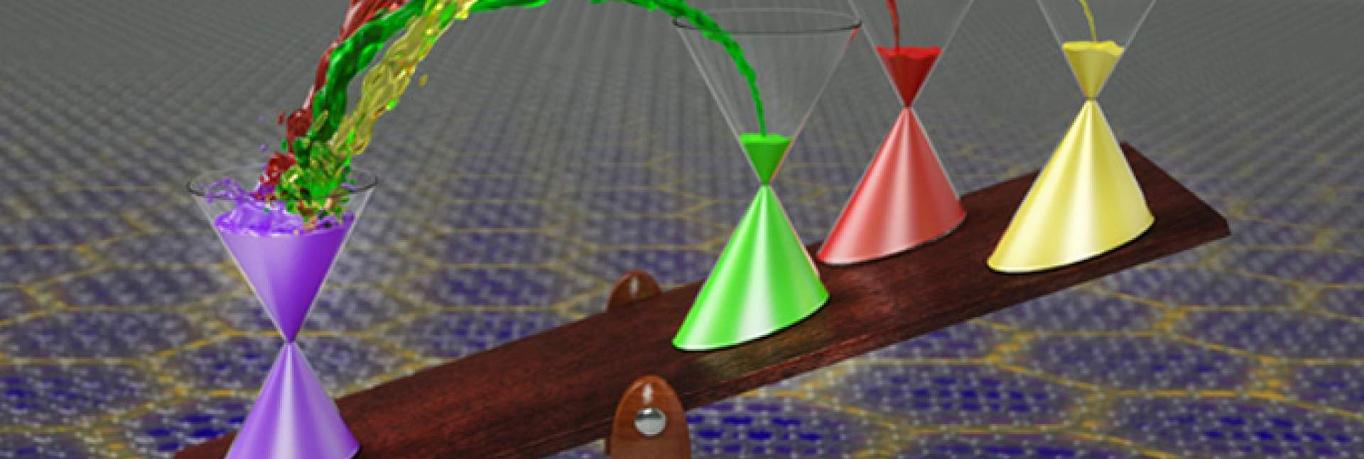 The symmetry-breaking phase transition in magic-angle graphene. The four ‘flavours’ of Dirac electrons filling their energy levels are represented by four ‘liquids’ filling conical glasses.